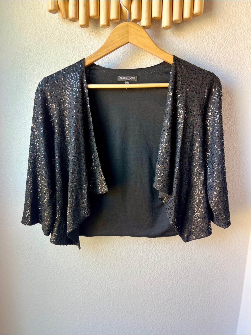 Eileen Fisher 100% Silk Black Sequin Cropped Jacket Shrug Topper Petite PS